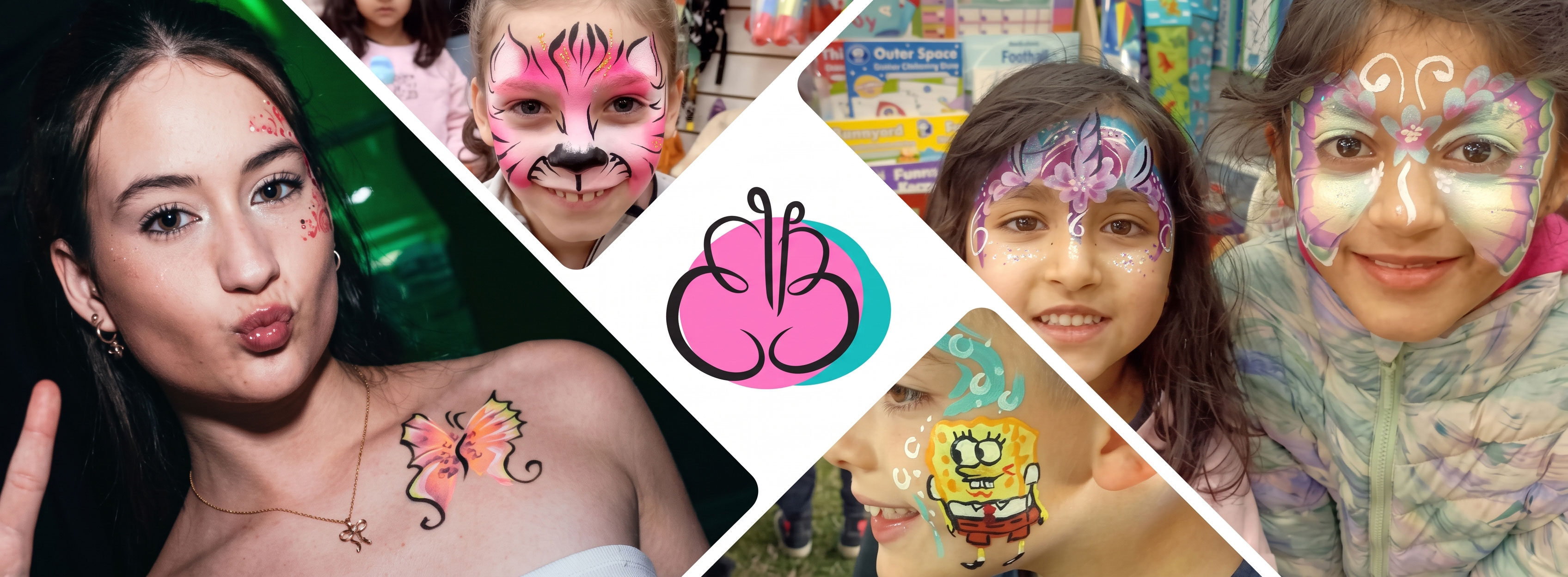A collage of Butterfly Beth's face painting for nightclub and children's events